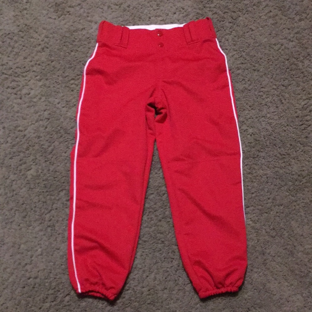 Teamwork Ladies Red Sz M ? softball pants with elastic waist approx. 13” across.